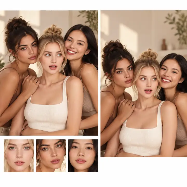 A group portrait is arranged beside individual face references to illustrate a multiple-face edit.