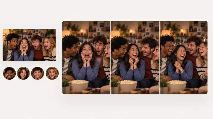 A lively group of friends appears across animated reaction frames.