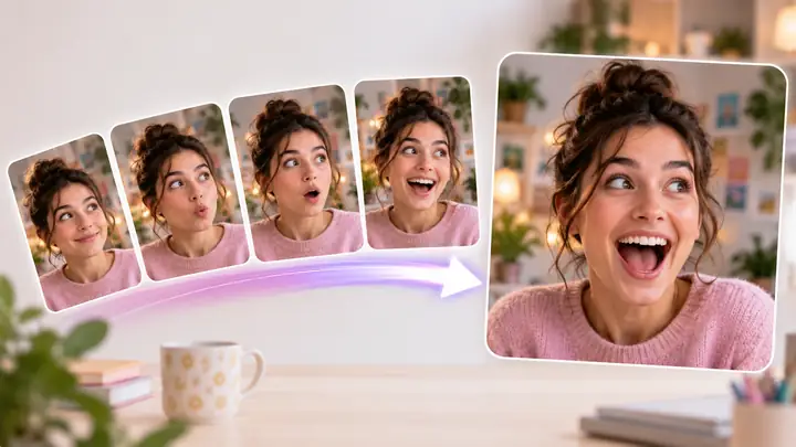 A sequence of expressive portrait frames suggests an animated GIF edit.