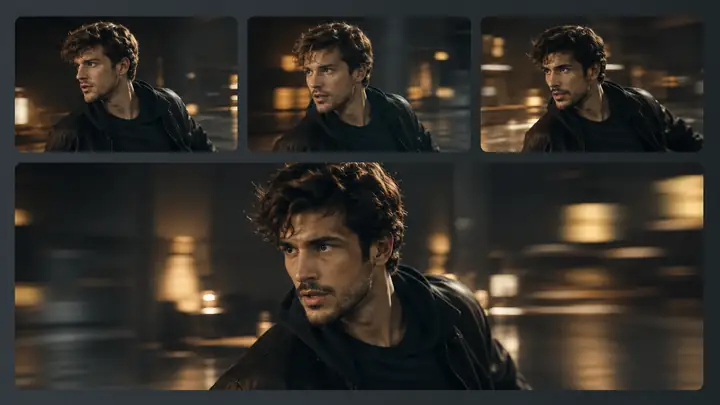 Cinematic portrait frames illustrate a moving face-swap direction.