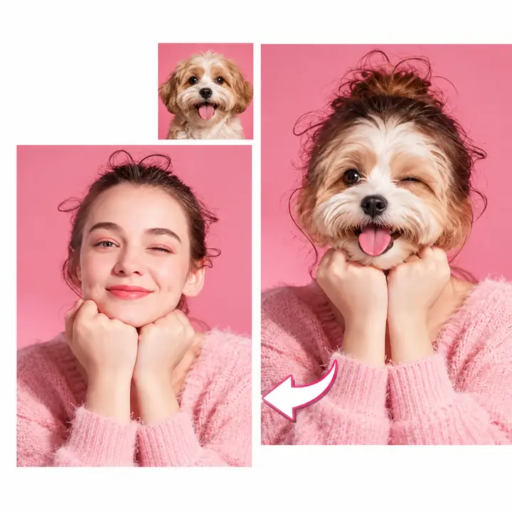 Pink animated portrait frames illustrate a lighthearted GIF face-swap concept.